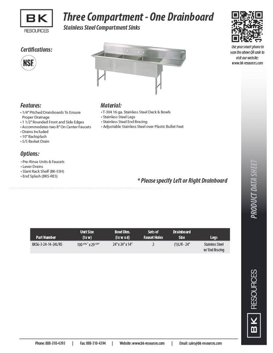 BK Resources Stainless Steel 3 Compartment Sink w/ 10" Riser & Right Drainboard – 24"L x 24"W x 14"D Bowls - Donut-Equipment.com