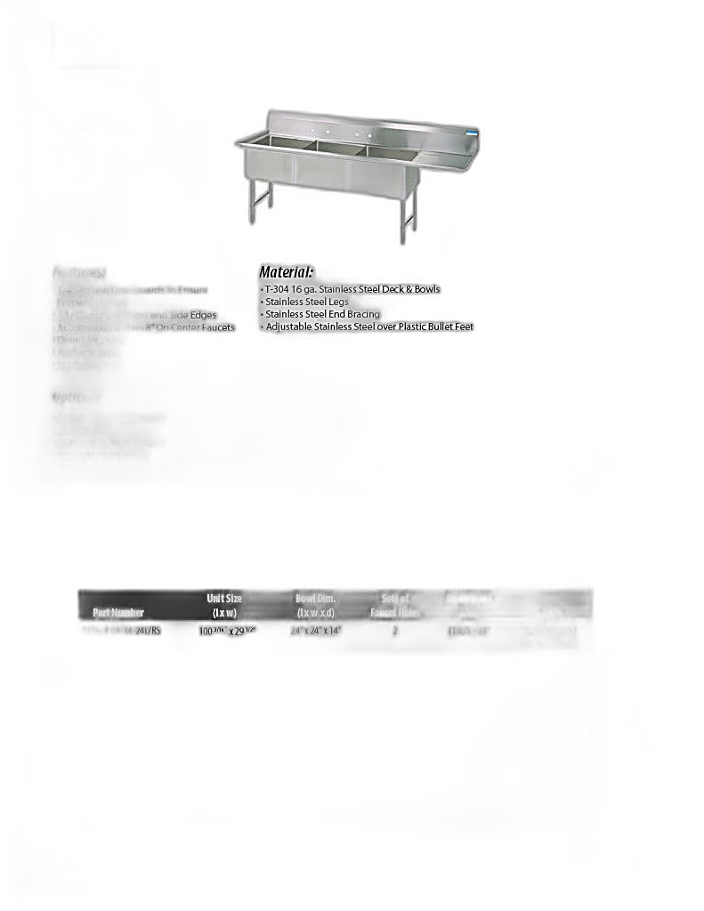 BK Resources Stainless Steel 3 Compartment Sink w/ 10" Riser & Right Drainboard – 24"L x 24"W x 14"D Bowls - Donut-Equipment.com