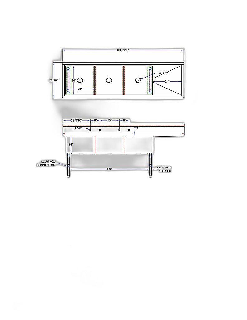 BK Resources Stainless Steel 3 Compartment Sink w/ 10" Riser & Right Drainboard – 24"L x 24"W x 14"D Bowls - Donut-Equipment.com