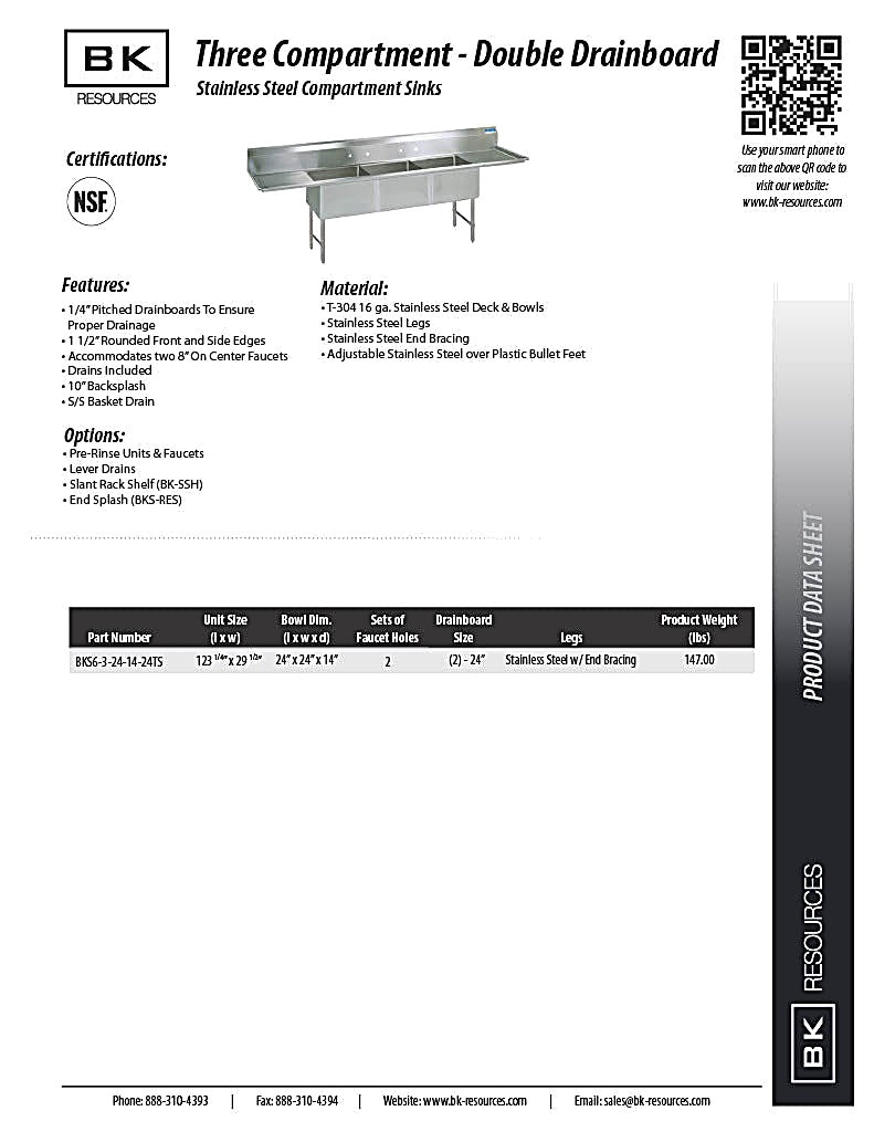 BK Resources Stainless Steel 3 Compartment Sink w/ 10" Riser & Drainboards – 24"L x 24"W x 14"D Bowls - Donut-Equipment.com
