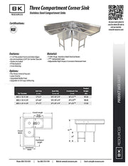 BK Resources Stainless Steel 3 Compartment Corner Sink w/ Dual 18" Drainboards – 18"L x 18"W x 14"D Bowls - Donut-Equipment.com