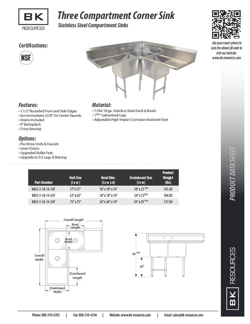 BK Resources Stainless Steel 3 Compartment Corner Sink w/ Dual 24" Drainboards – 24"L x 24"W x 14"D Bowls - Donut-Equipment.com