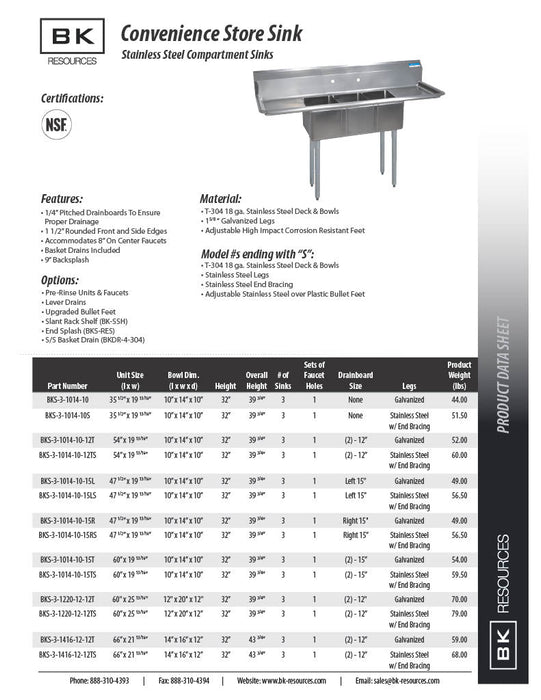 BK Resources Stainless Steel 3 Compartment Convenience Store Sink w/ 15" Left Drainboard – 14"L x 10"W x 10"D Bowls - Donut-Equipment.com