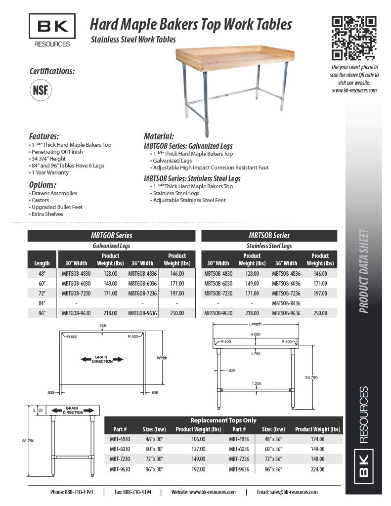 BK Resources Hard Maple Baker’s Top Work Table w/ Galvanized Open Base, Oil Finish – 48" W x 36" D - Donut-Equipment.com