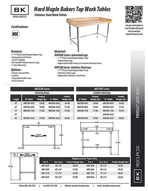 BK Resources Hard Maple Baker’s Top Work Table w/ Galvanized Open Base, Oil Finish – 60" W x 36" D - Donut-Equipment.com