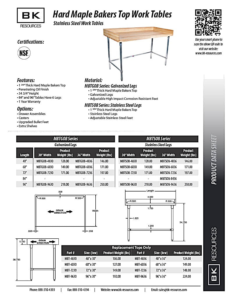 BK Resources Hard Maple Baker’s Top Work Table w/ Galvanized Open Base, Oil Finish – 72" W x 36" D - Donut-Equipment.com