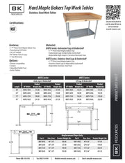 BK Resources Hard Maple Baker’s Top Work Table w/ Stainless Steel Undershelf, Oil Finish – 72" W x 30" D - Donut-Equipment.com
