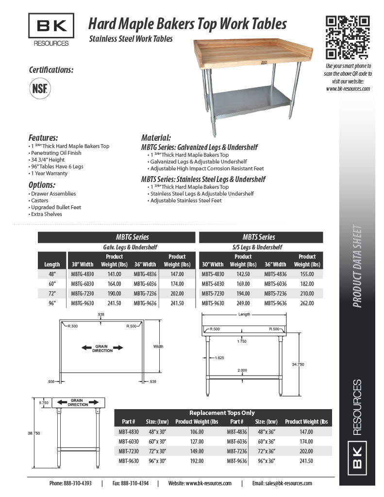 BK Resources Hard Maple Baker’s Top Work Table w/ Stainless Steel Undershelf, Oil Finish – 72" W x 30" D - Donut-Equipment.com