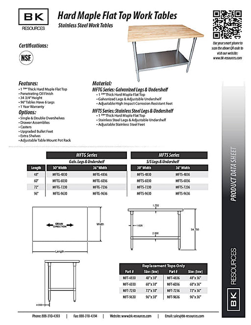 BK Resources Hard Maple Flat Top Work Table w/ Stainless Steel Undershelf, Oil Finish – 72" L x 36" W - Donut-Equipment.com