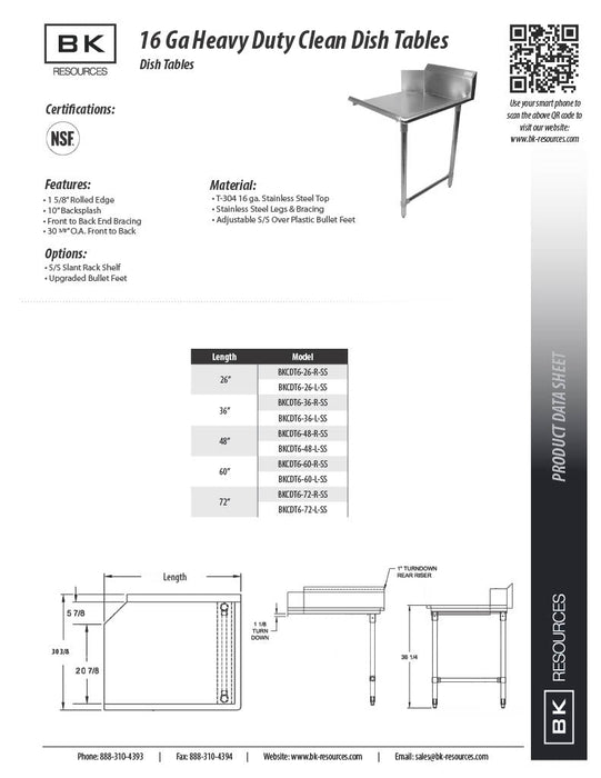 BK Resources 60" 16-Gauge Stainless Steel Clean Dish Table – Left Side - Donut-Equipment.com