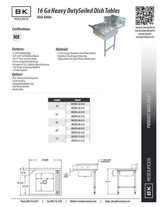 BK Resources 48" Right-Side Rinse Table Kit, 16-Gauge Stainless Steel - Donut-Equipment.com