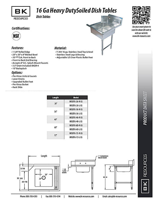 BK Resources 72" Left-Side Rinse Table Kit, 16-Gauge Stainless Steel - Donut-Equipment.com
