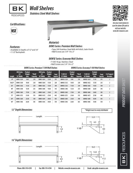 BK Resources 12" x 24" Stainless Steel T-430 18 Gauge Wall Shelf - Donut-Equipment.com