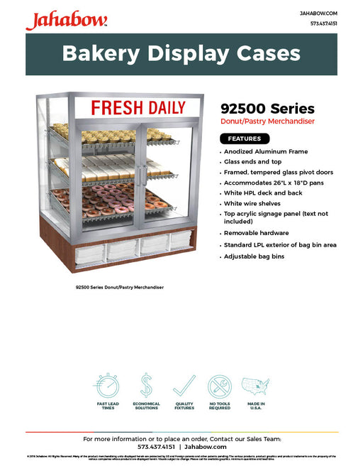 Jahabow 92500 Series 31"L x 24"D x 36"H Countertop Donut/Pastry Display Case – Aluminum, Tempered Glass, w/ 3 Shelves, Non-Refrigerated - Bakery Wholesalers