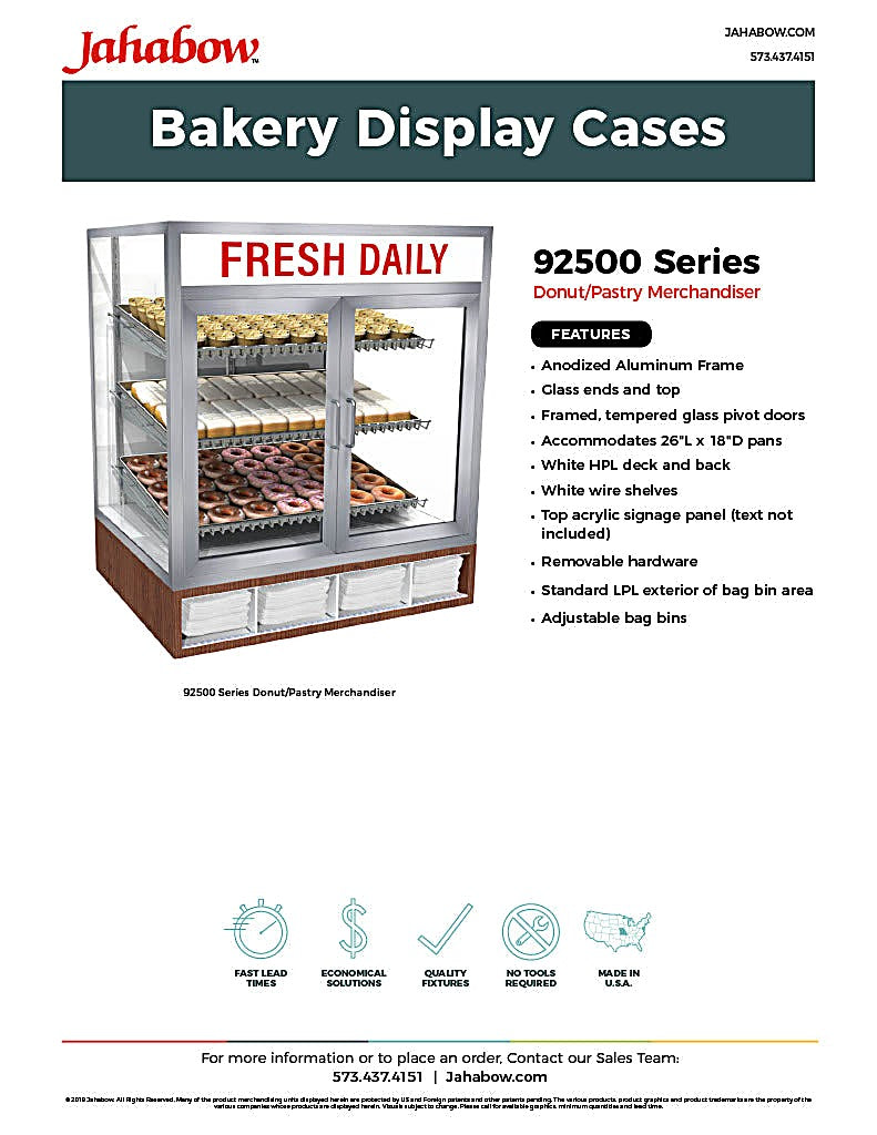 Jahabow 92500 Series 31"L x 24"D x 36"H Countertop Donut/Pastry Display Case – Aluminum, Tempered Glass, w/ 3 Shelves, Non-Refrigerated - Donut-Equipment.com