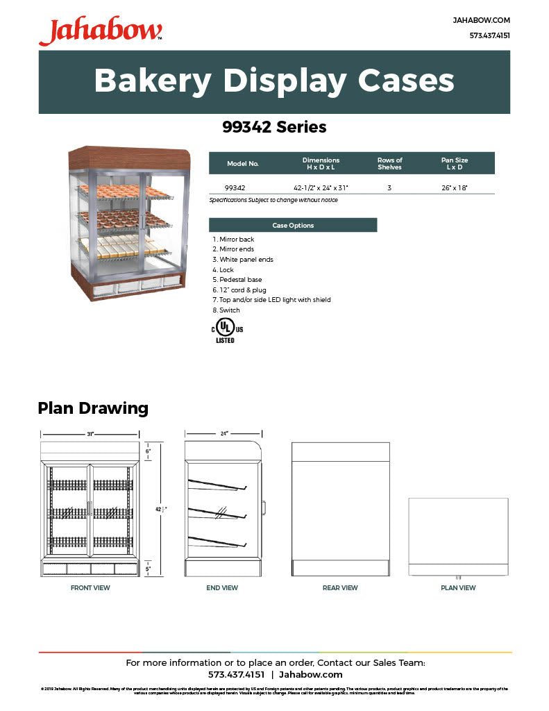 Jahabow 99342 Series 31"L x 24"D x 42-1/2"H Countertop Bakery Display Case – Aluminum, Tempered Glass, w/ 3 Shelves, Non-Refrigerated - Bakery Wholesalers