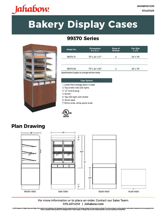Jahabow 99370 Series 60"L x 24"D x 70"H Bakery Display Case with Pedestal Base – Aluminum, Tempered Glass, w/ 4 Shelves, Non-Refrigerated - Bakery Wholesalers