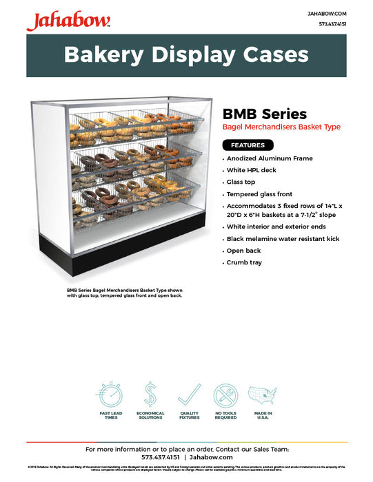 Jahabow BMB Series 60.375"L x 22"D x 50"H Bagel Merchandiser Display Case – Aluminum, Tempered Glass, w/ 3 Fixed Rows, Non-Refrigerated - Bakery Wholesalers