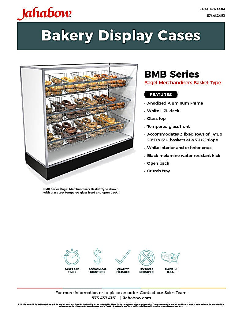 Jahabow BMB Series 75.375"L x 22"D x 50"H Bagel Merchandiser Display Case – Aluminum, Tempered Glass, w/ 3 Fixed Rows, Non-Refrigerated - Bakery Wholesalers