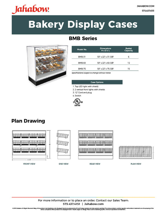 Jahabow BMB Series 75.375"L x 22"D x 50"H Bagel Merchandiser Display Case – Aluminum, Tempered Glass, w/ 3 Fixed Rows, Non-Refrigerated - Bakery Wholesalers