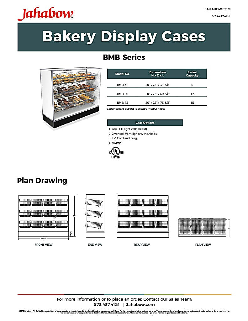 Jahabow BMB Series 75.375"L x 22"D x 50"H Bagel Merchandiser Display Case – Aluminum, Tempered Glass, w/ 3 Fixed Rows, Non-Refrigerated - Bakery Wholesalers