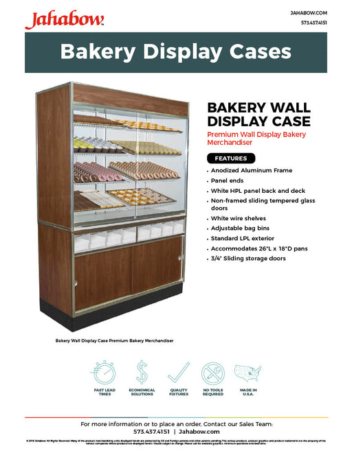 Jahabow Bakery Wall Display Case 58.5"L x 24"D x 83.5"H – Aluminum, Tempered Glass, w/ 4 Shelves, Non-Refrigerated - Bakery Wholesalers
