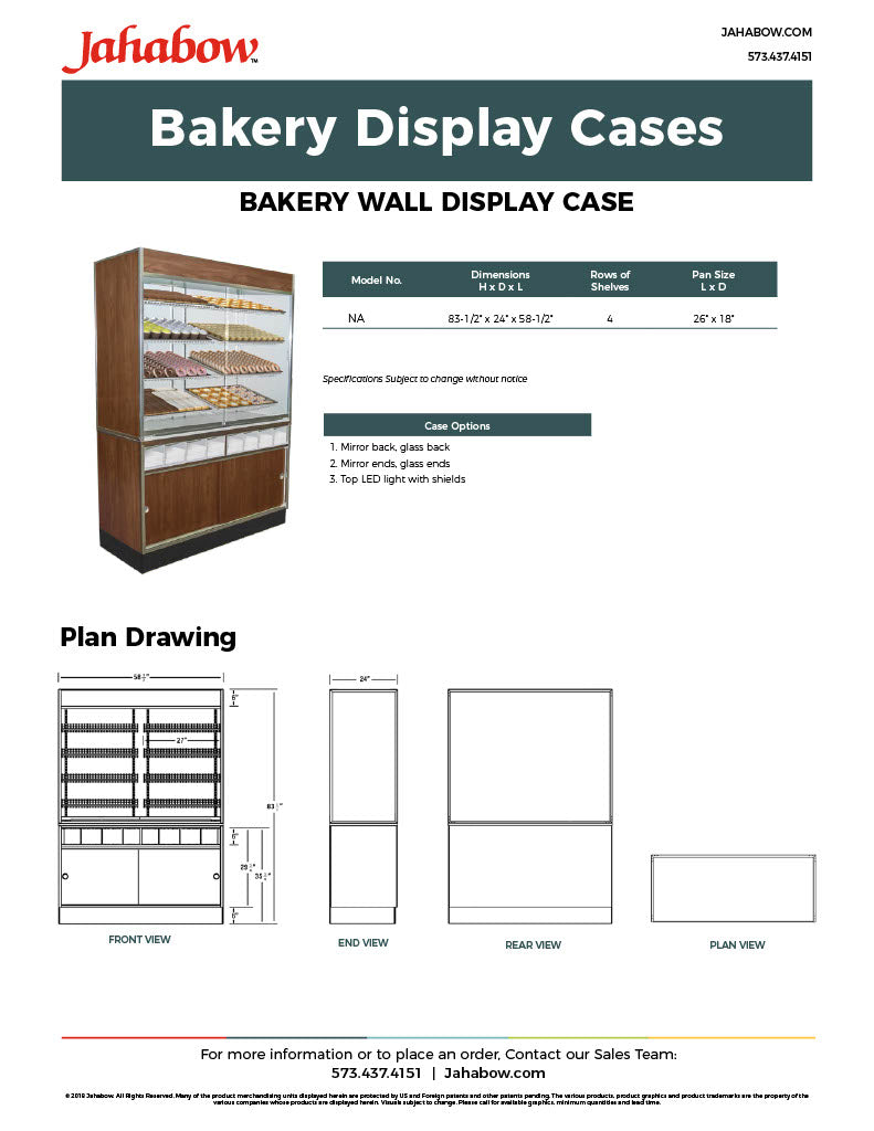 Jahabow Bakery White Wall Display Case 58.5"L x 24"D x 83.5"H – Aluminum, Tempered Glass, w/ 4 Shelves, Non-Refrigerated - Bakery Wholesalers