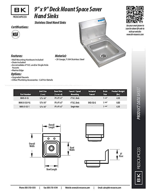 BK Resources Space Saver Stainless Steel Hand Sink with Faucet – 9" x 9" Bowl • 2-Hole Design • Compact Commercial Use - Donut-Equipment.com