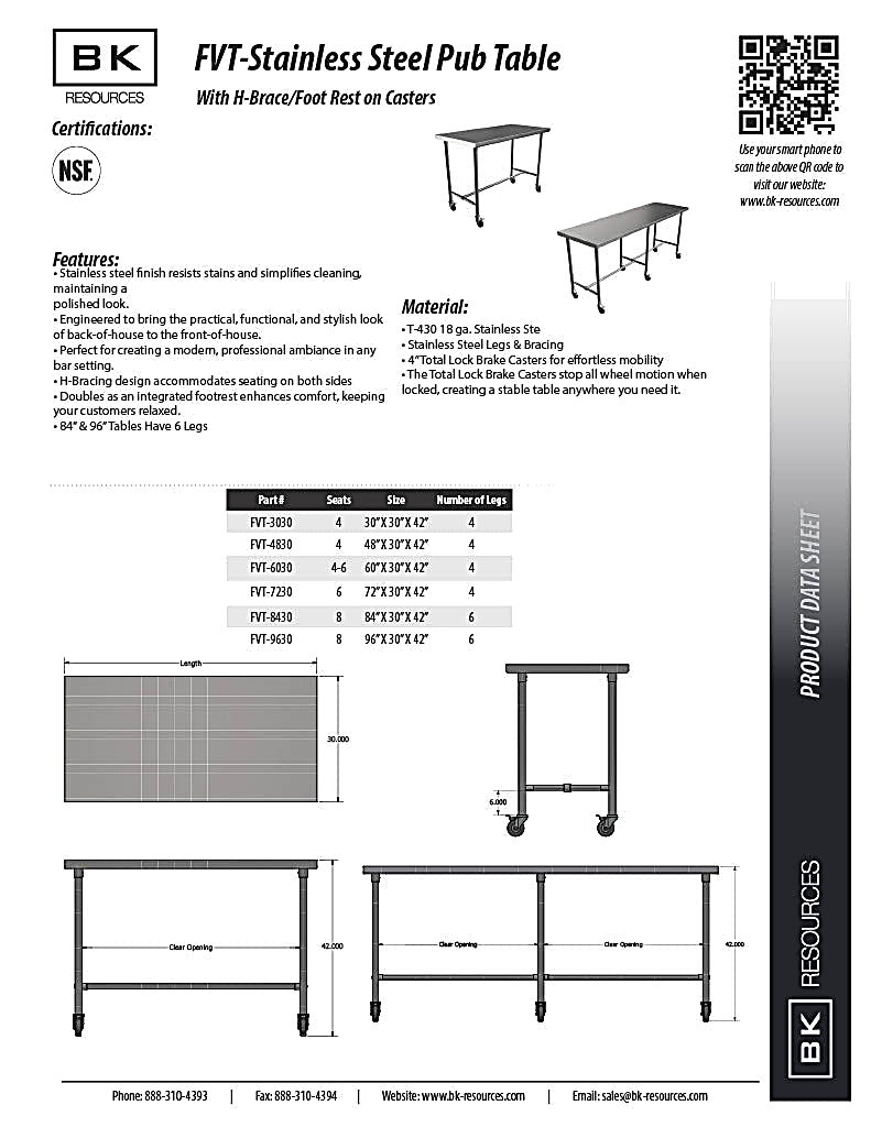 BK Resources 72" x 30" 16 Gauge Stainless Steel Pub Table with H-Brace & Foot Rest – Heavy-Duty • Mobile on Casters - Donut-Equipment.com