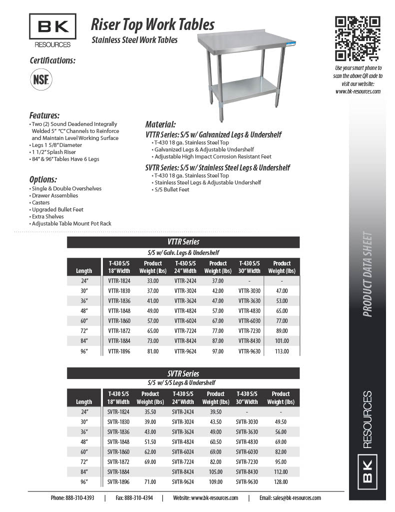 BK Resources 60" x 24" 18 Gauge Stainless Steel Work Table with Undershelf & 1.5" Riser – Prep Table - Donut-Equipment.com