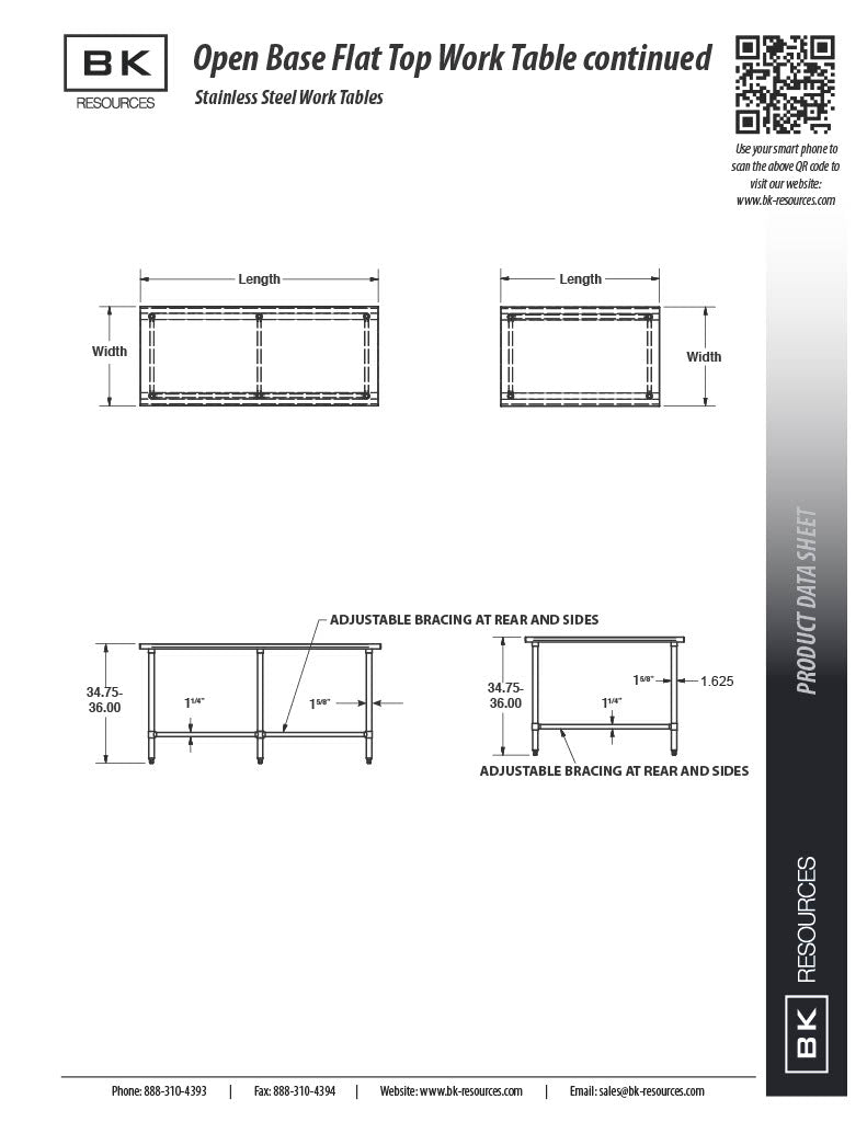 BK Resources 36" x 24" 18 Gauge Stainless Steel Work Table with Open Base – Prep Table - Donut-Equipment.com
