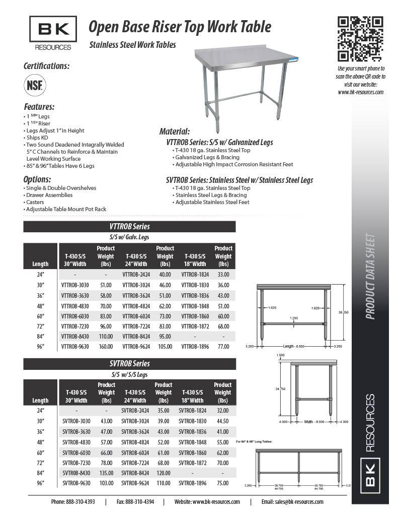 BK Resources 36" x 24" 18 Gauge Stainless Steel Work Table with Open Base & 1.5" Riser – Prep Table - Donut-Equipment.com