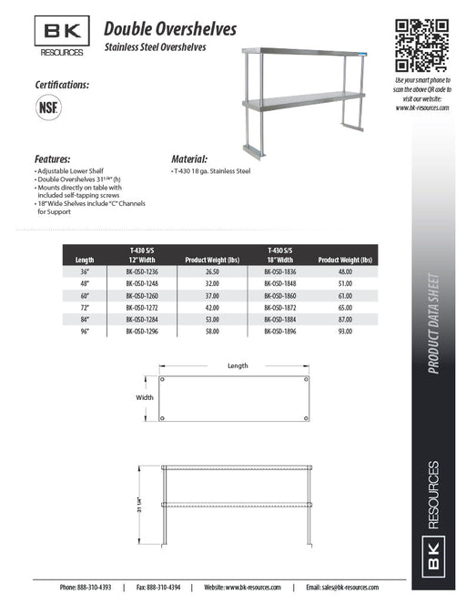 BK Resources 12" x 96" Double Overshelf – Table Mount with Adjustable Lower Shelf • 18 Gauge T-430 Stainless Steel - Donut-Equipment.com