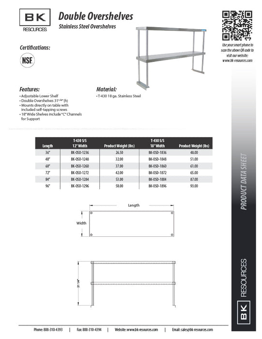 BK Resources 12" x 96" Double Overshelf – Table Mount with Adjustable Lower Shelf • 18 Gauge T-430 Stainless Steel - Donut-Equipment.com
