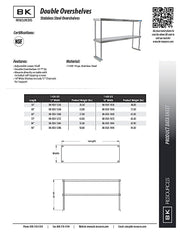 BK Resources 12" x 48" Double Overshelf – Table Mount with Adjustable Lower Shelf • 18 Gauge T-430 Stainless Steel - Donut-Equipment.com