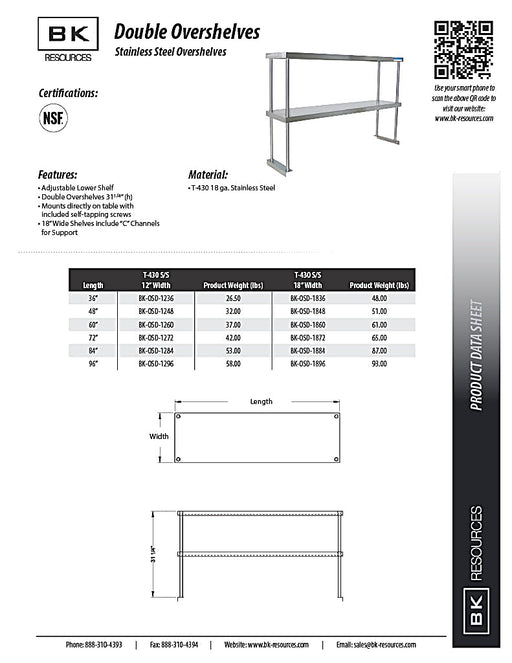BK Resources 12" x 48" Double Overshelf – Table Mount with Adjustable Lower Shelf • 18 Gauge T-430 Stainless Steel - Donut-Equipment.com
