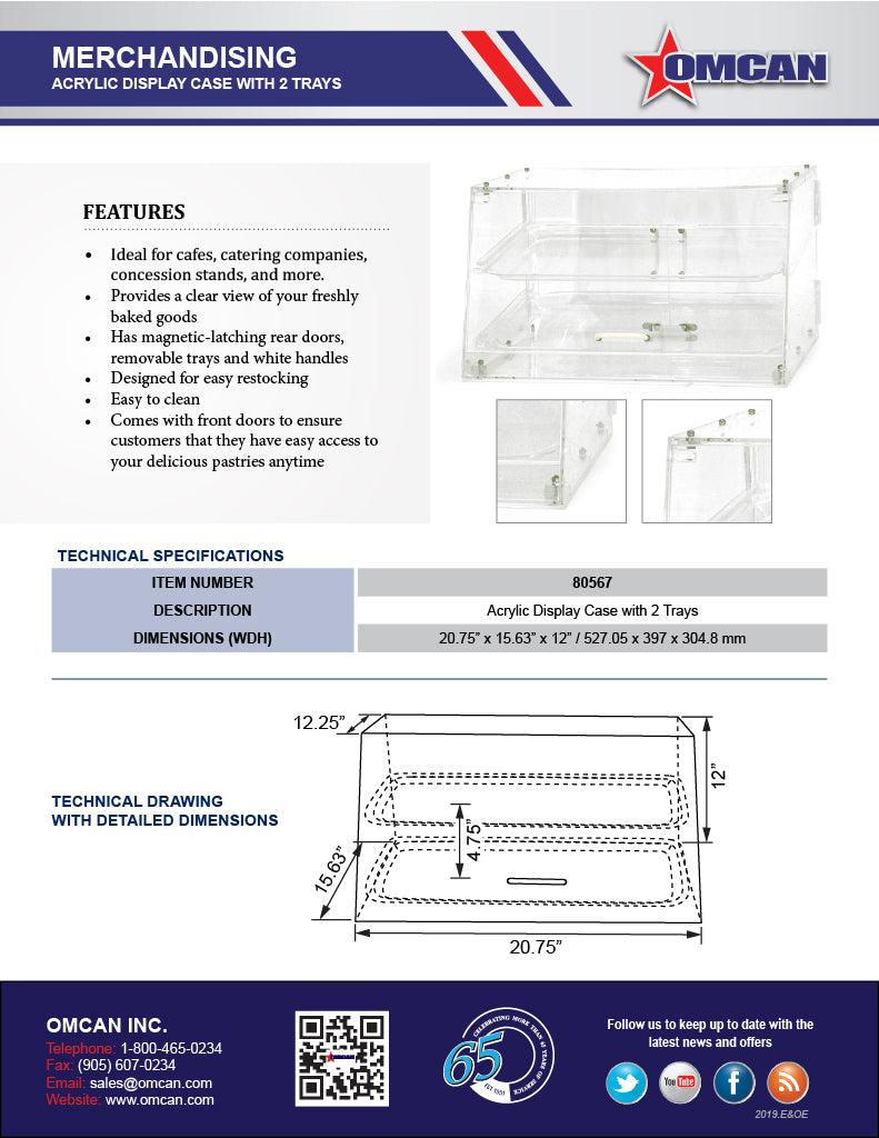 Omcan Acrylic Display Case with 2 Trays – Clear Countertop Bakery & Pastry Display Case