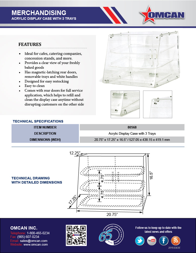 Omcan Acrylic Display Case with 3 Trays – Clear Countertop Bakery & Pastry Display Case