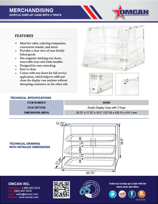 Omcan Acrylic Display Case with 3 Trays – Clear Countertop Bakery & Pastry Display Case