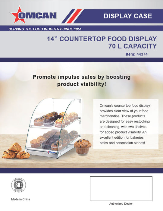 Omcan 14" Countertop Food Display Case with Curved Front Glass – 70L Capacity Bakery & Pastry Merchandiser Display Case
