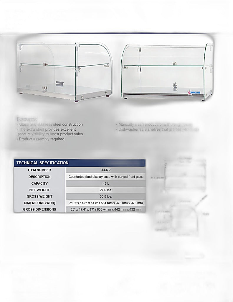 Omcan 22" Countertop Food Display Case with Curved Front Glass – 25L Capacity Bakery & Pastry Merchandiser Display Case