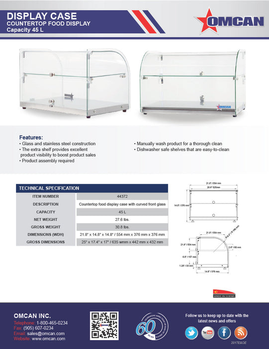 Omcan 22" Countertop Food Display Case with Curved Front Glass – 45L Capacity Bakery & Pastry Merchandiser Display Case
