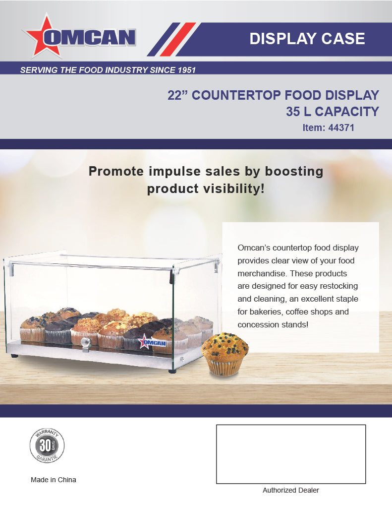Omcan 22" Countertop Food Display Case with Square Front Glass – 35L Capacity Bakery & Pastry Merchandiser Display Case