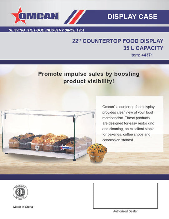 Omcan 22" Countertop Food Display Case with Square Front Glass – 35L Capacity Bakery & Pastry Merchandiser Display Case