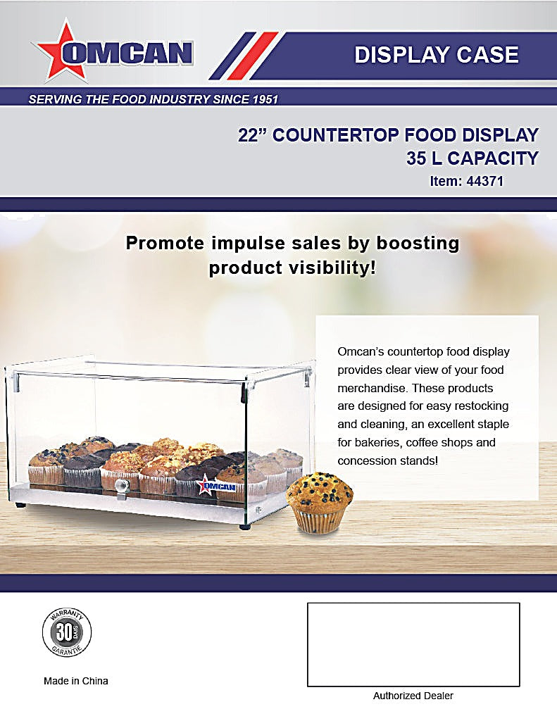 Omcan 22" Countertop Food Display Case with Square Front Glass – 35L Capacity Bakery & Pastry Merchandiser Display Case