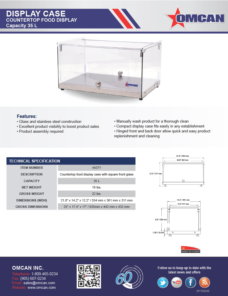 Omcan 22" Countertop Food Display Case with Square Front Glass – 35L Capacity Bakery & Pastry Merchandiser Display Case