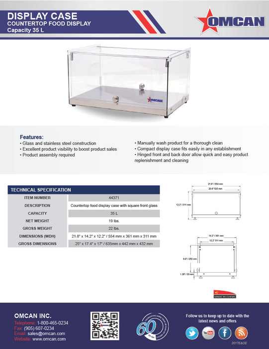 Omcan 22" Countertop Food Display Case with Square Front Glass – 35L Capacity Bakery & Pastry Merchandiser Display Case