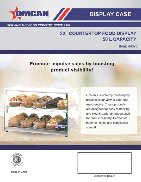 Omcan 22" Countertop Food Display Case with Square Front Glass – 50L Capacity Bakery & Pastry Merchandiser Display Case