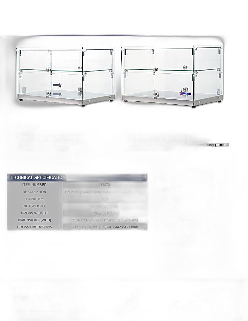 Omcan 22" Countertop Food Display Case with Square Front Glass – 50L Capacity Bakery & Pastry Merchandiser Display Case