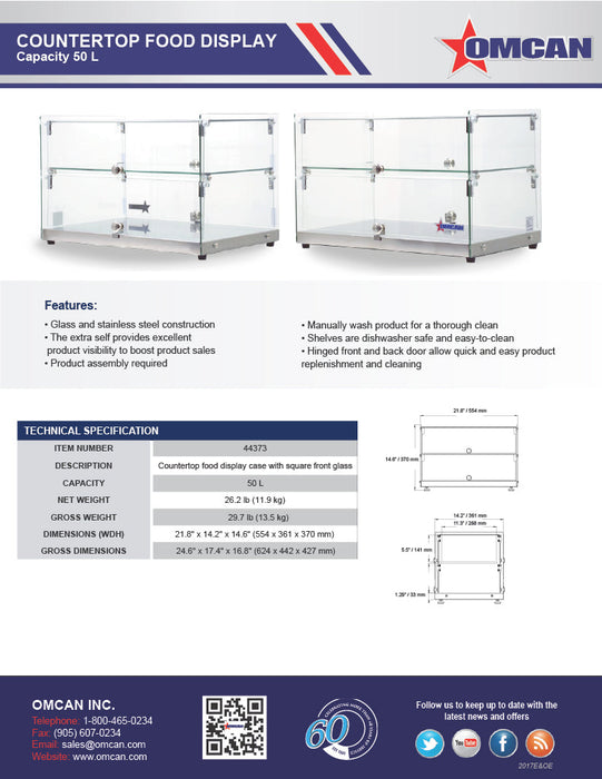 Omcan 22" Countertop Food Display Case with Square Front Glass – 50L Capacity Bakery & Pastry Merchandiser Display Case